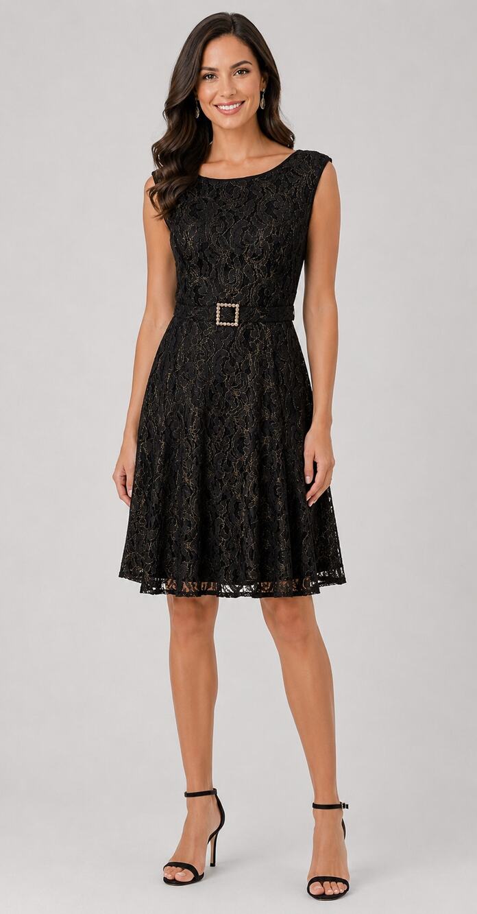 Adrianna Papell Fit & Flare Lace Cocktail Dress Womens Size 8 Black Gold